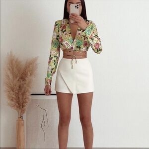 New Zara | Green Floral Satin Effect Wrap Top